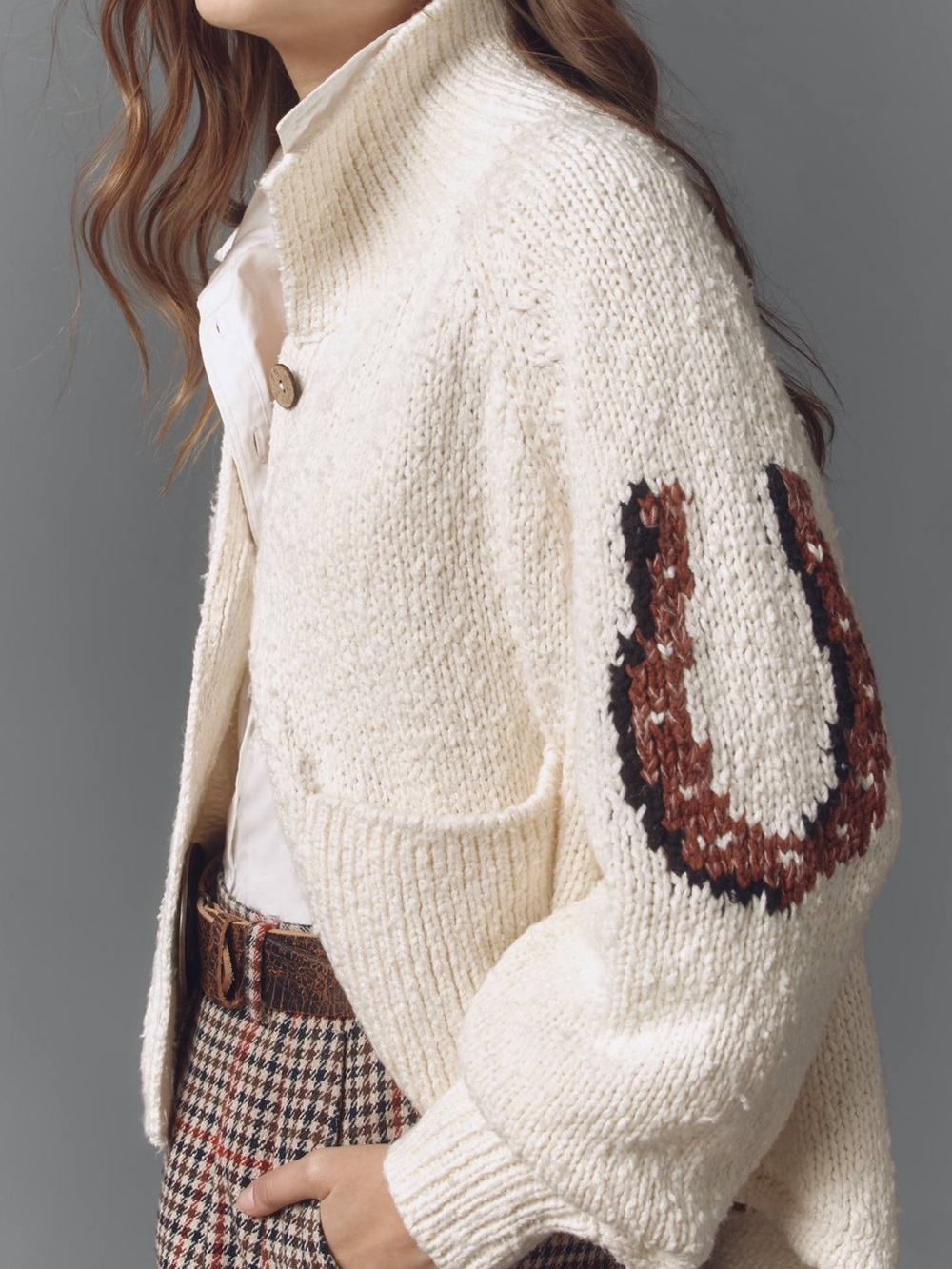 Pilcro Cream Knit Button-Up Knit Western Cardigan Brown Horseshoe Accents 2X - Picture 3 of 12